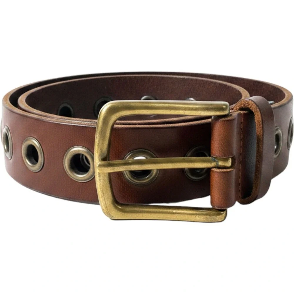 Italian Leather Grommet Belt Unisex Medium Brown Brass Eyelet Y2k Indie Grunge